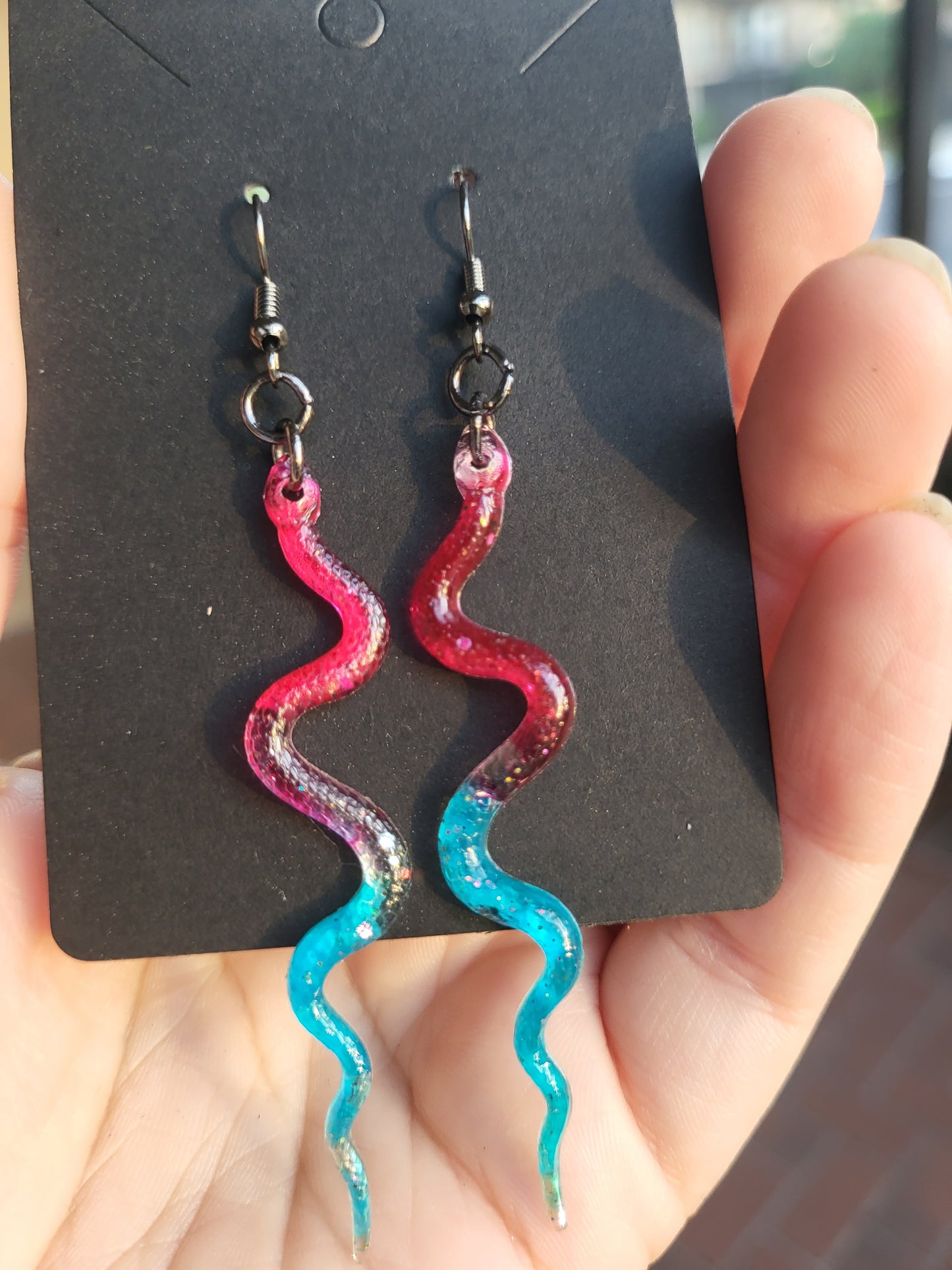 Bright Pink and Turquoise Snake Hook Earrings