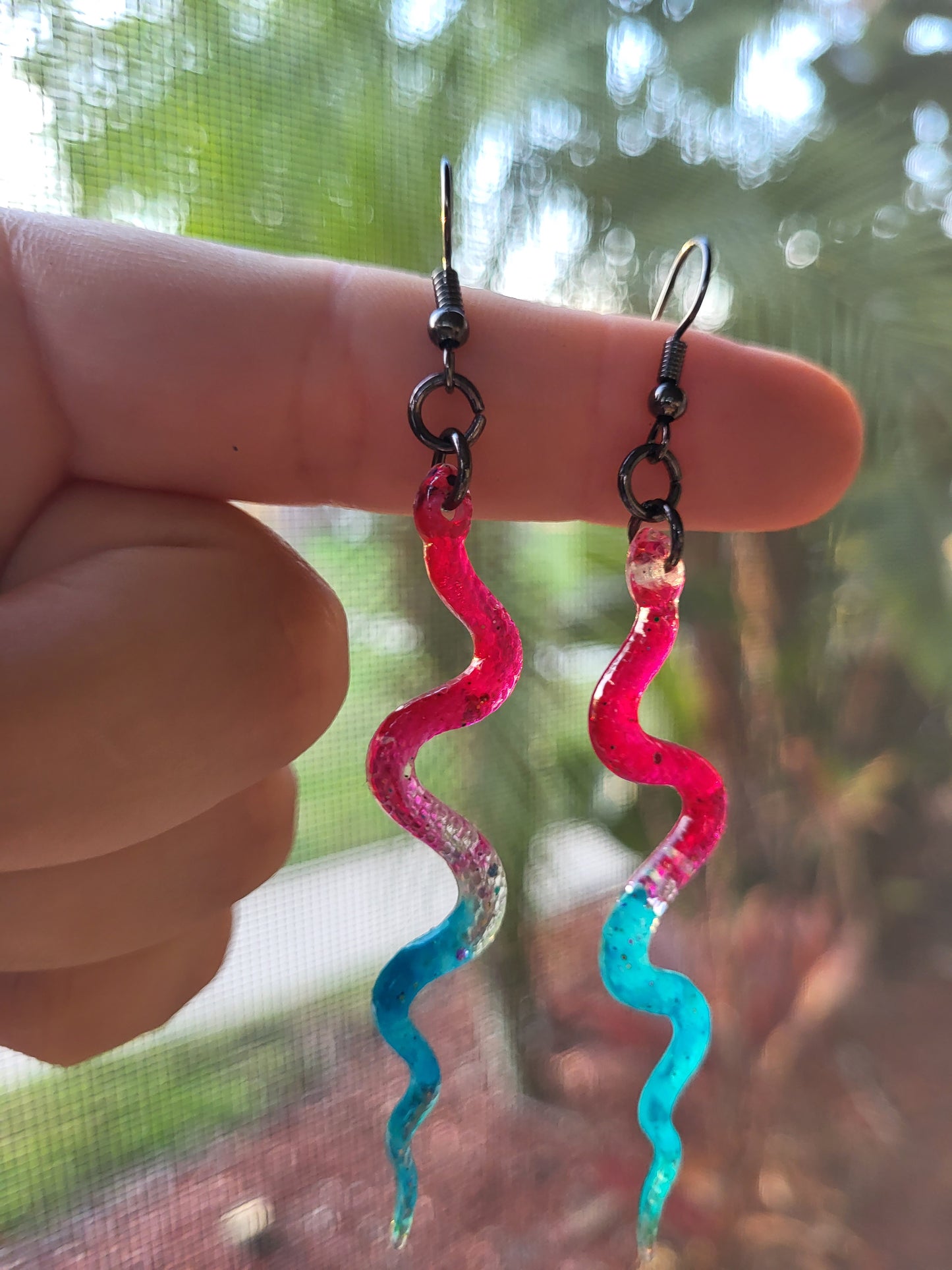 Bright Pink and Turquoise Snake Hook Earrings