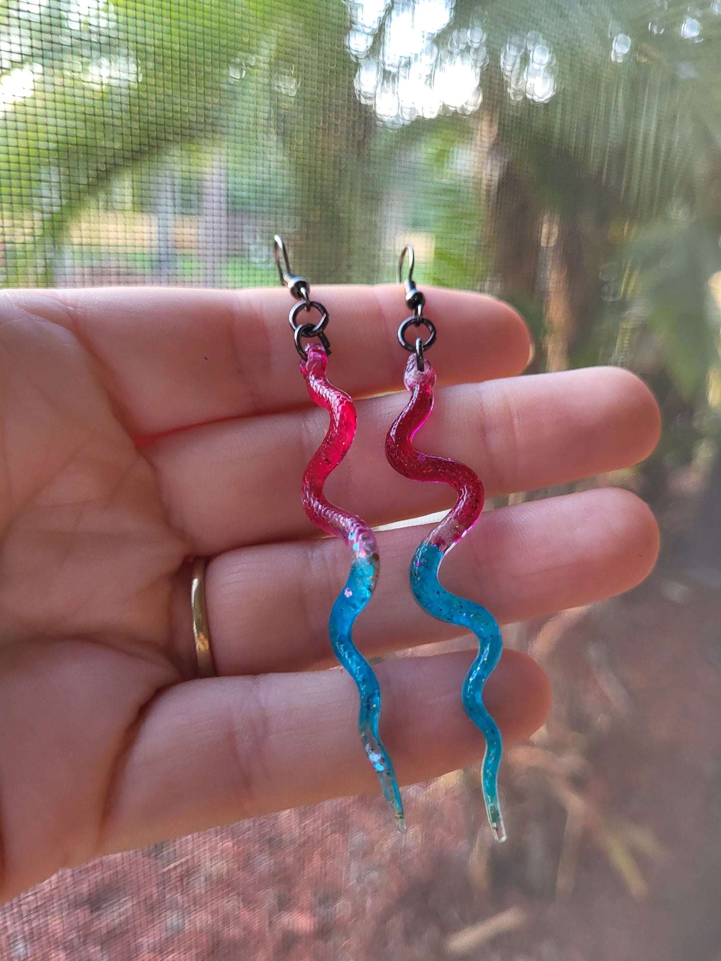 Bright Pink and Turquoise Snake Hook Earrings