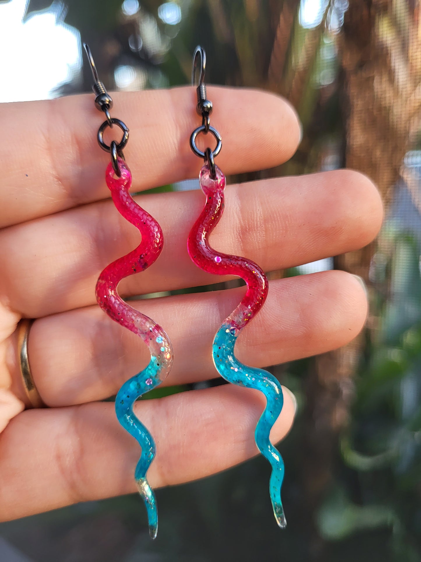 Bright Pink and Turquoise Snake Hook Earrings