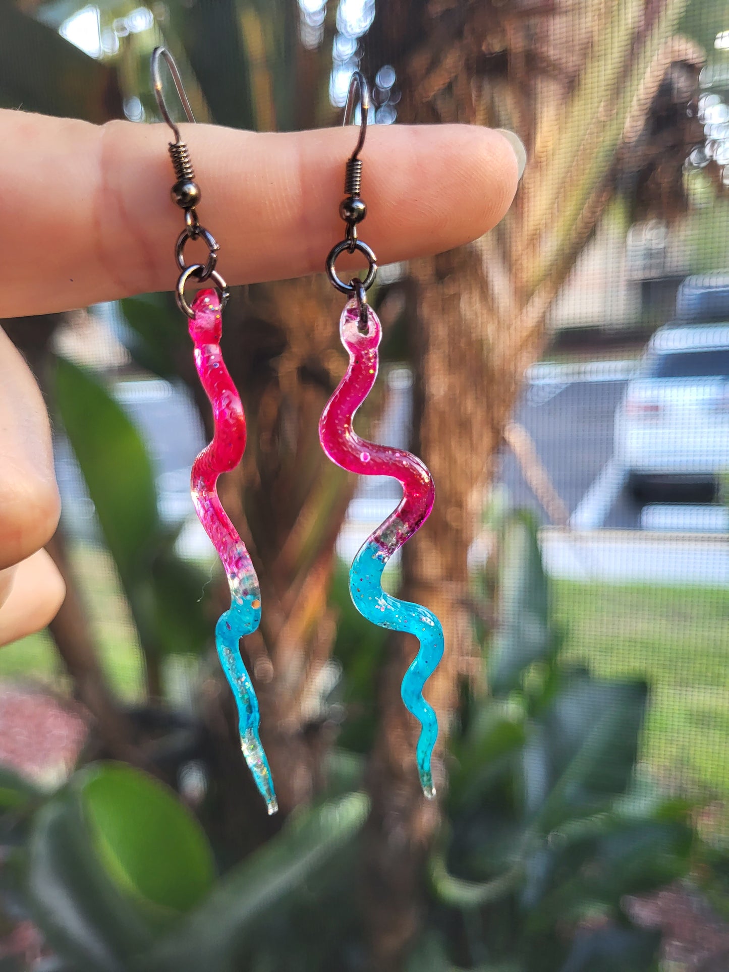 Bright Pink and Turquoise Snake Hook Earrings