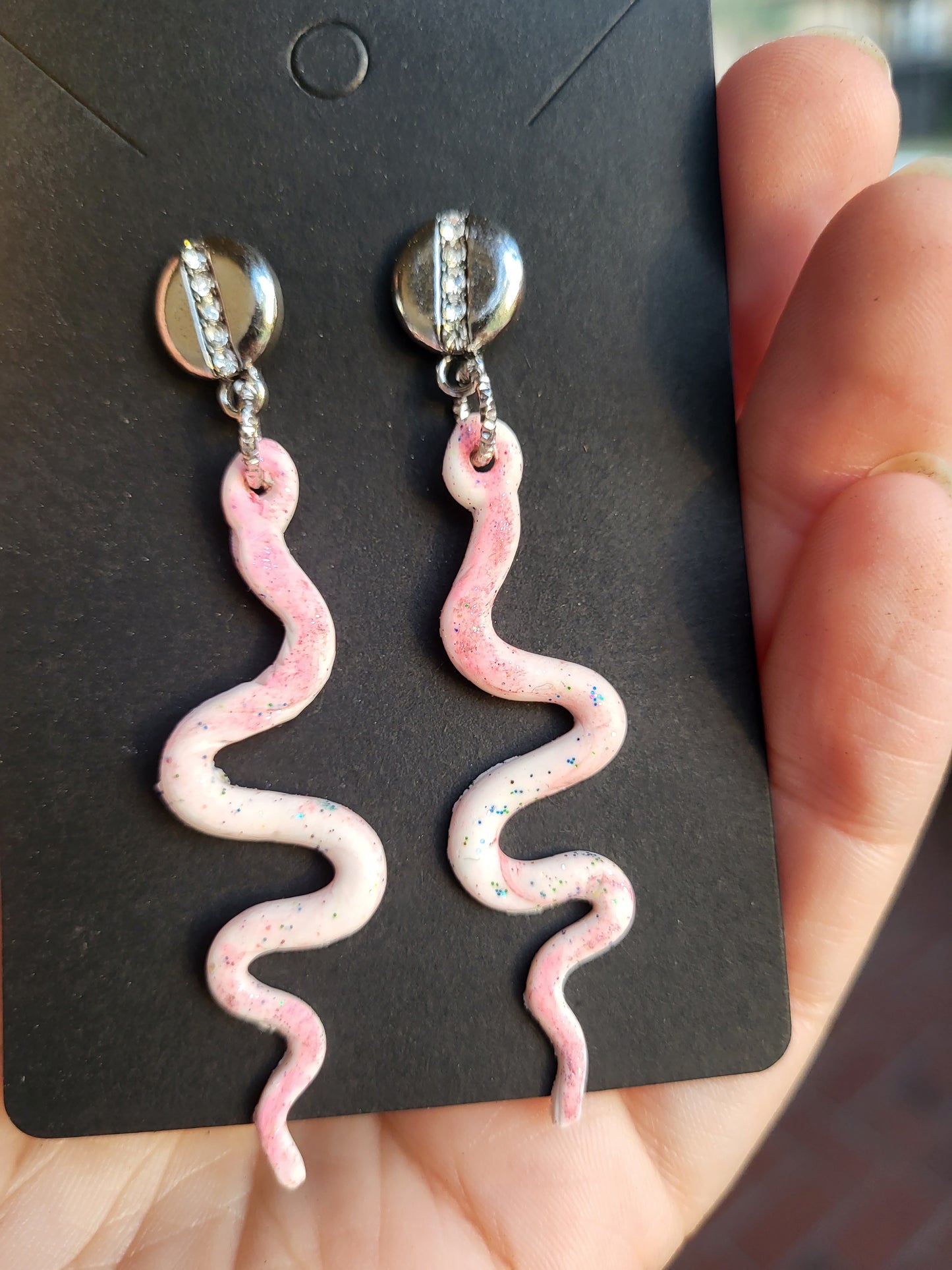 Pink and White Clay Snake Post Earrings