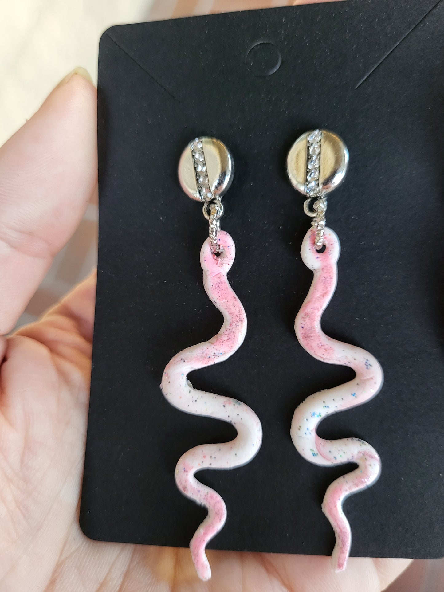 Pink and White Clay Snake Post Earrings