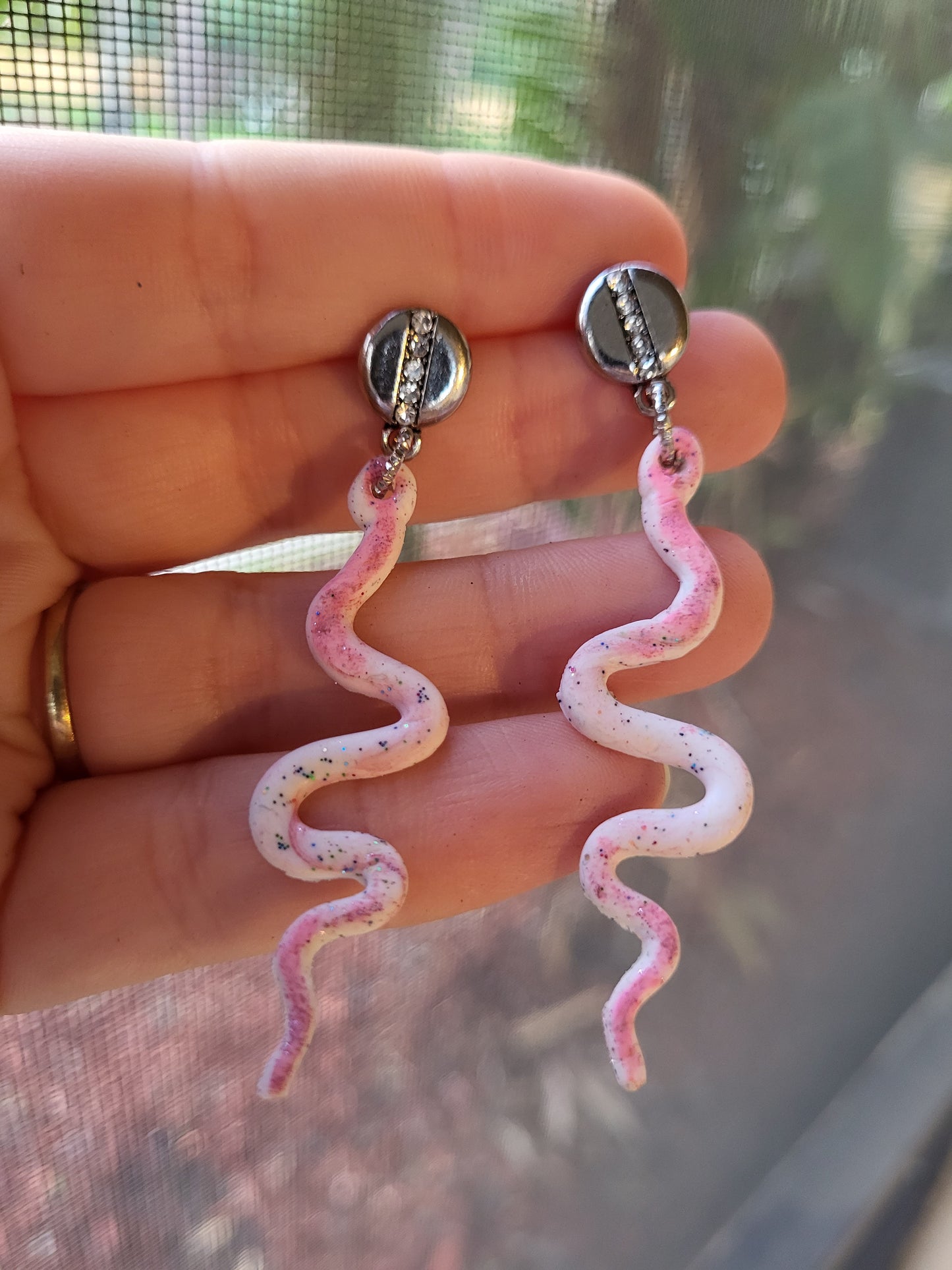 Pink and White Clay Snake Post Earrings