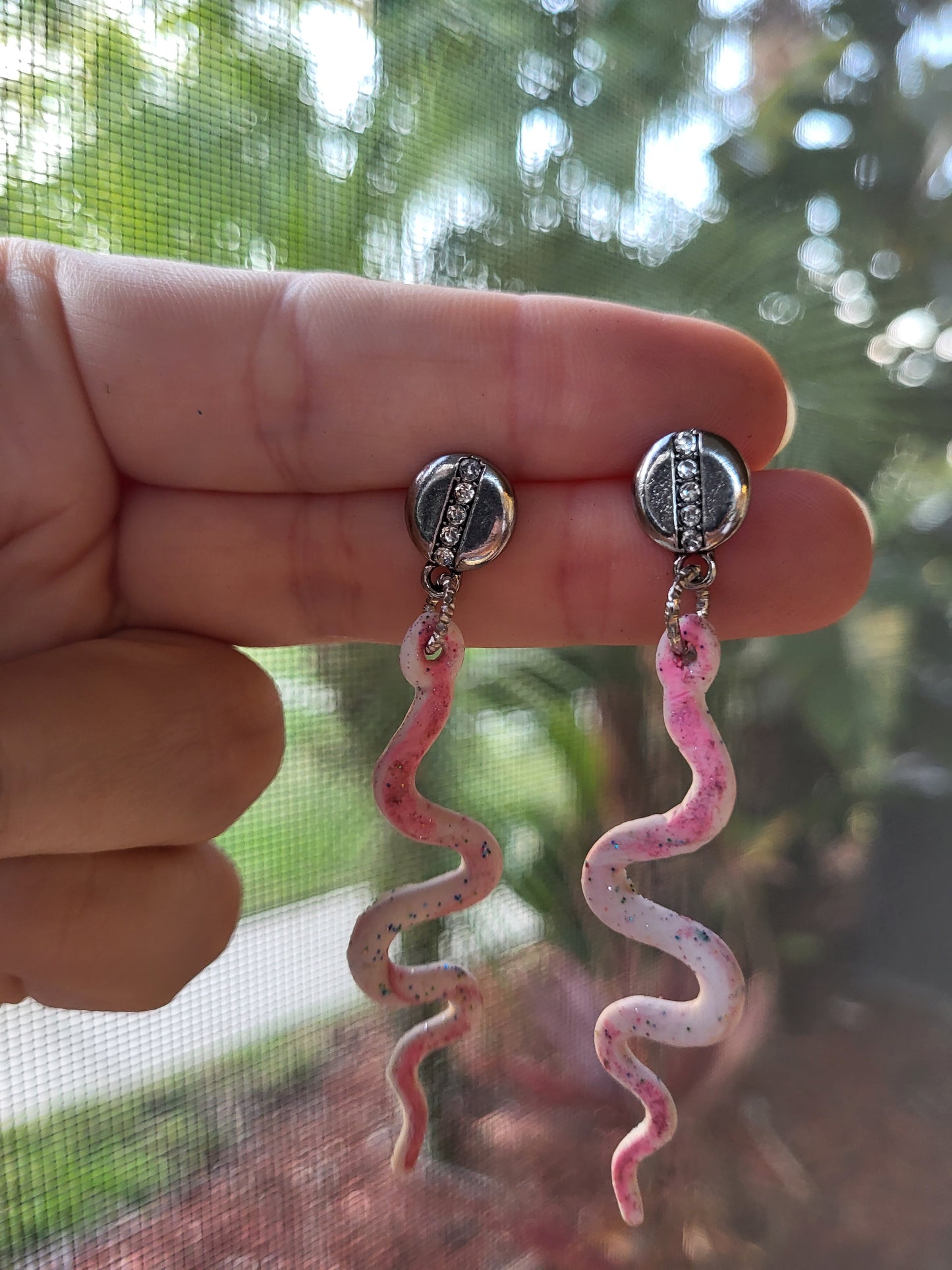 Pink and White Clay Snake Post Earrings