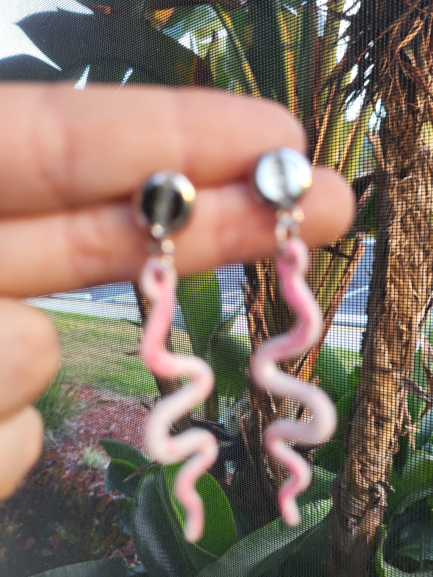 Pink and White Clay Snake Post Earrings