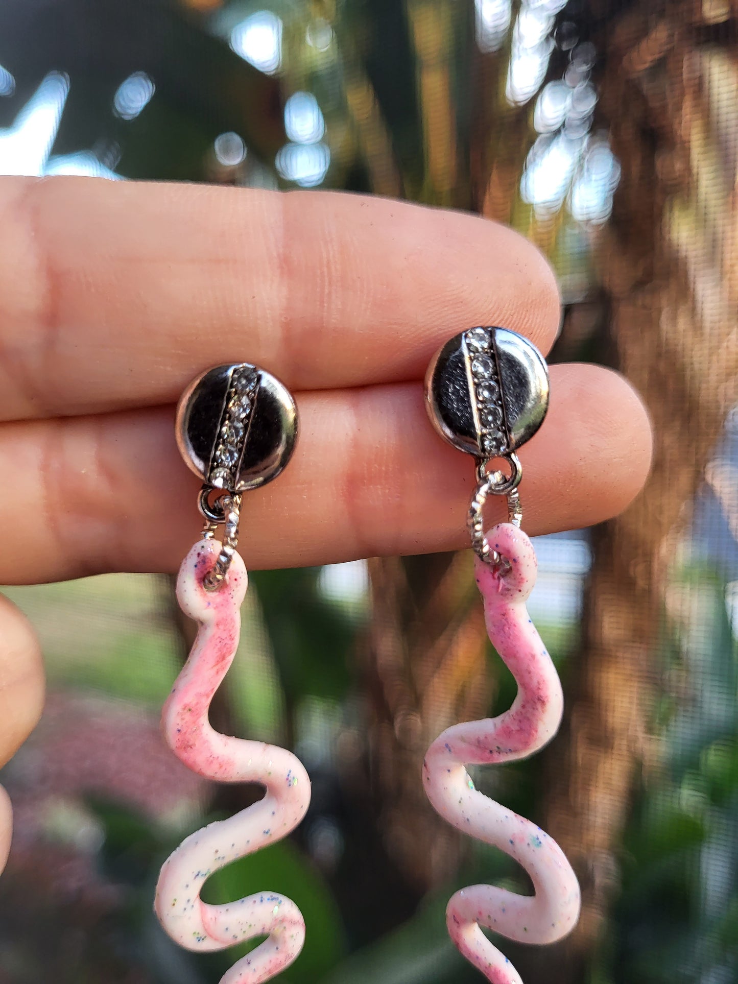 Pink and White Clay Snake Post Earrings