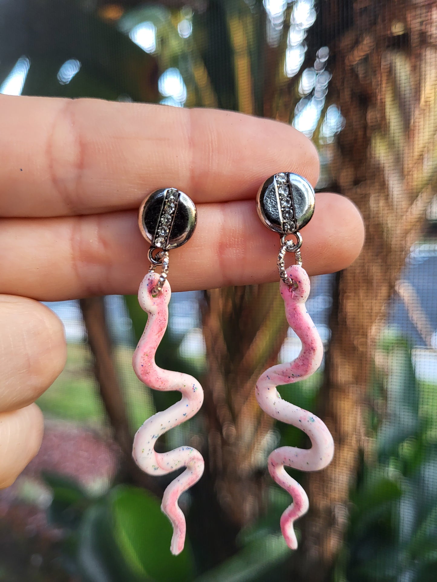 Pink and White Clay Snake Post Earrings