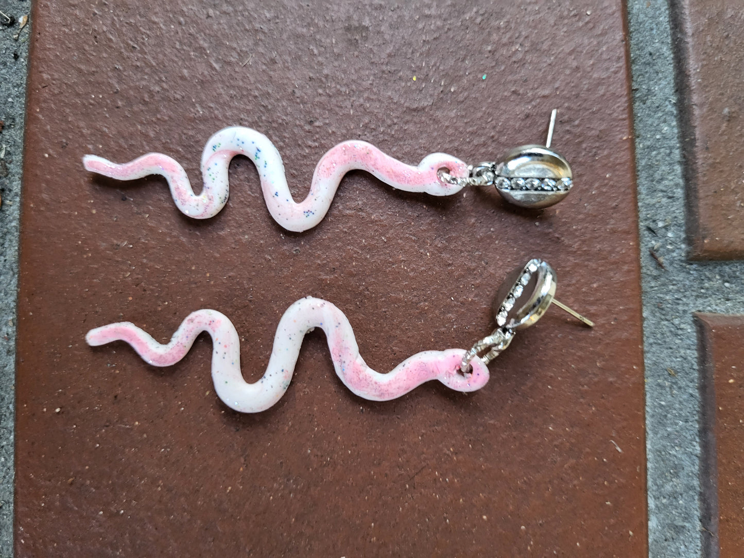 Pink and White Clay Snake Post Earrings