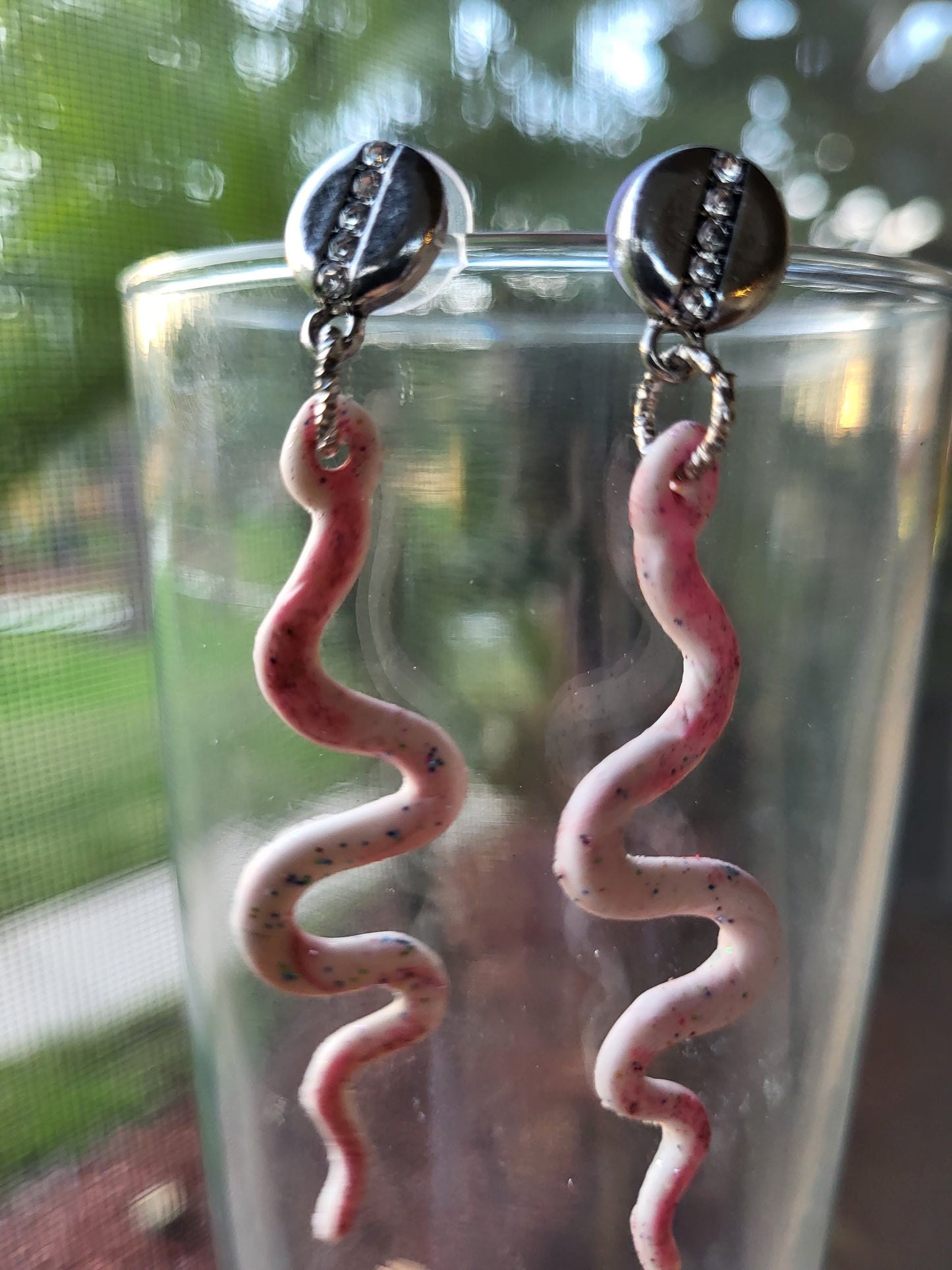 Pink and White Clay Snake Post Earrings