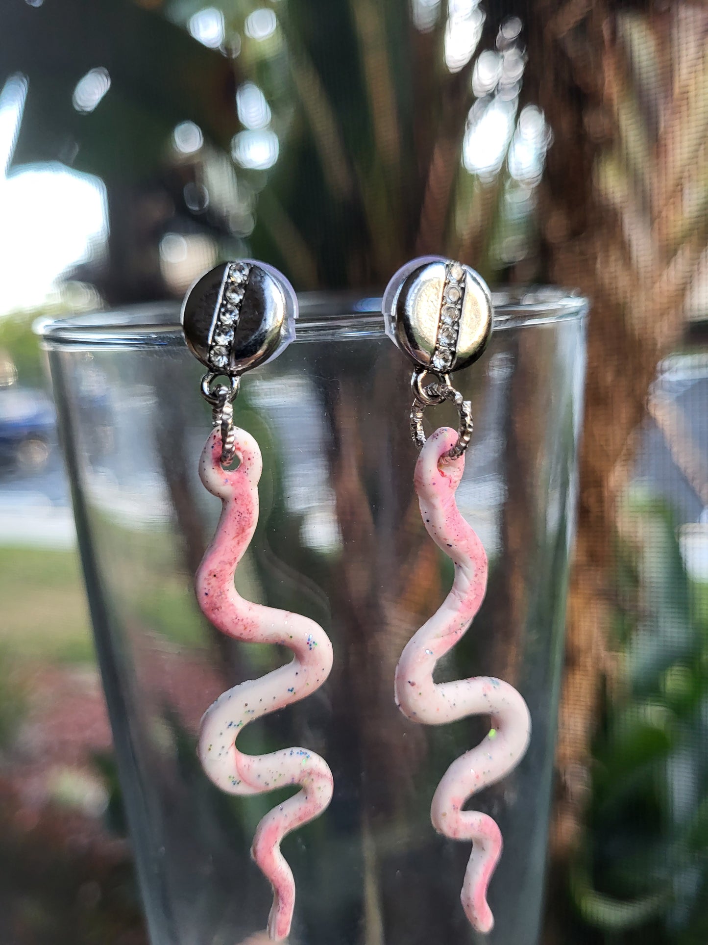 Pink and White Clay Snake Post Earrings