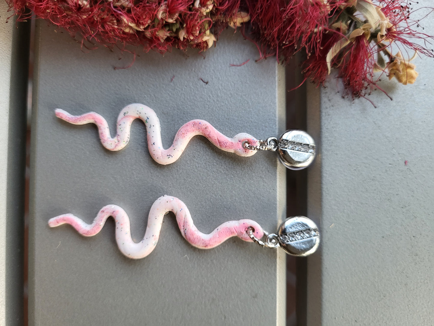 Pink and White Clay Snake Post Earrings