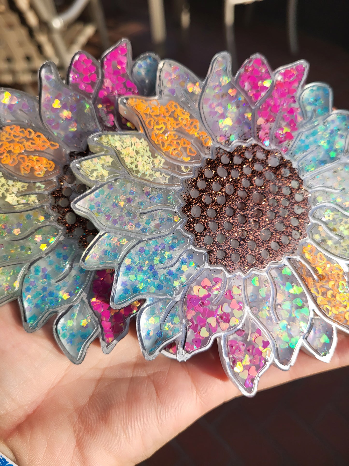 Rainbow and Silver Sunflower Coasters Set of 2