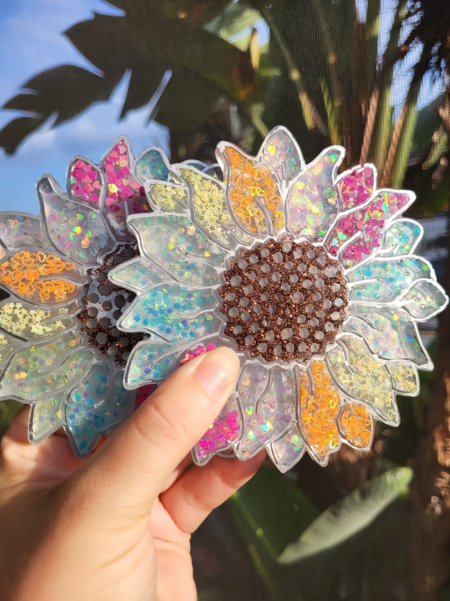 Rainbow and Silver Sunflower Coasters Set of 2