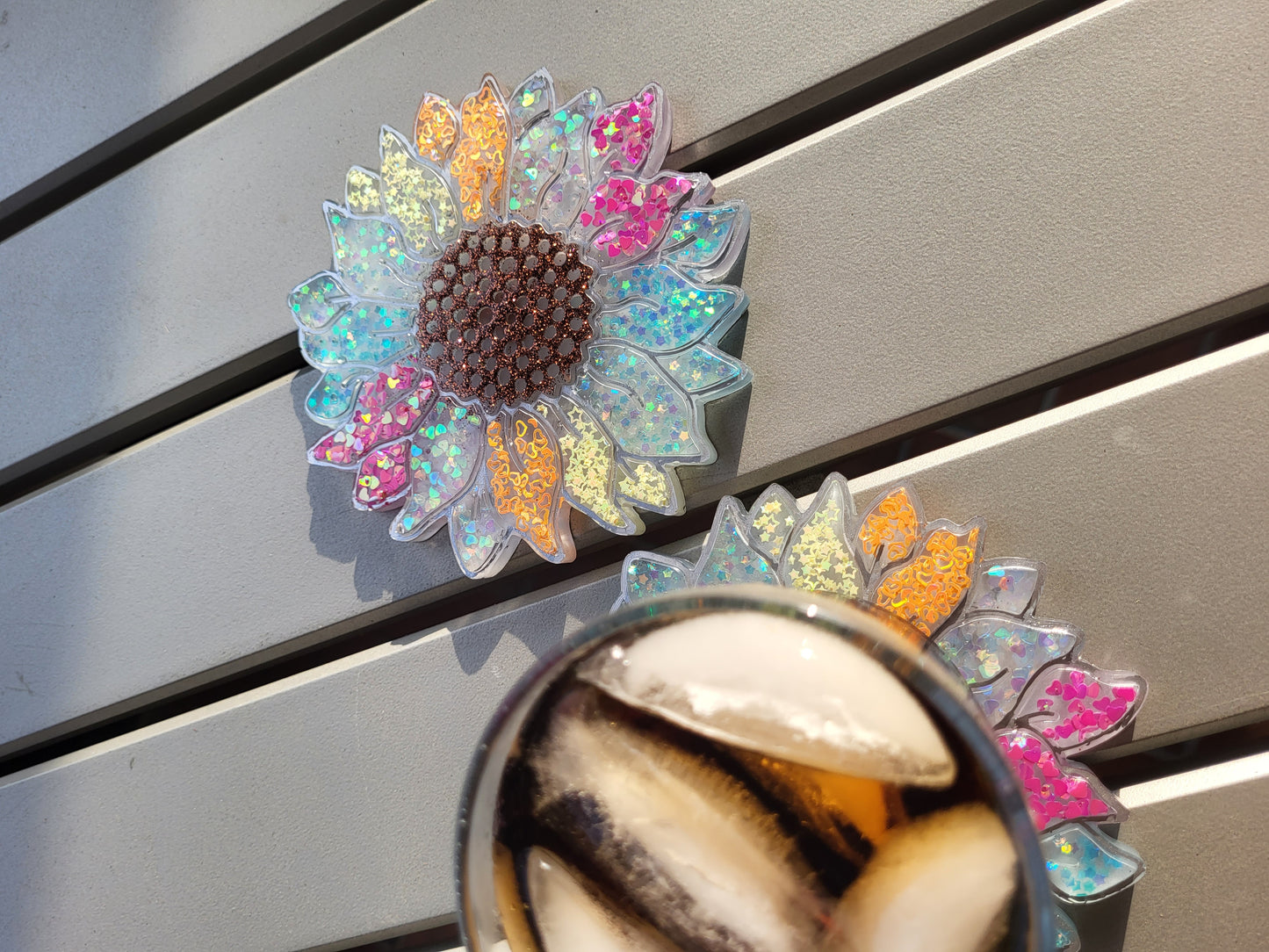 Rainbow and Silver Sunflower Coasters Set of 2