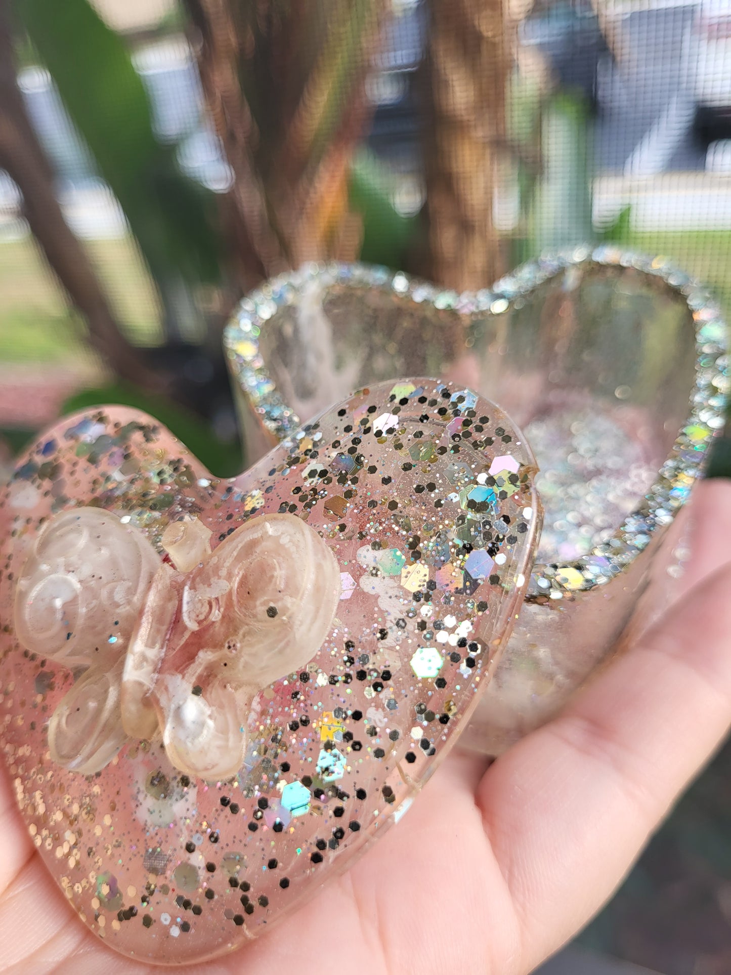 Pastel Pink and Silver Heart Box with Butterfly Accent