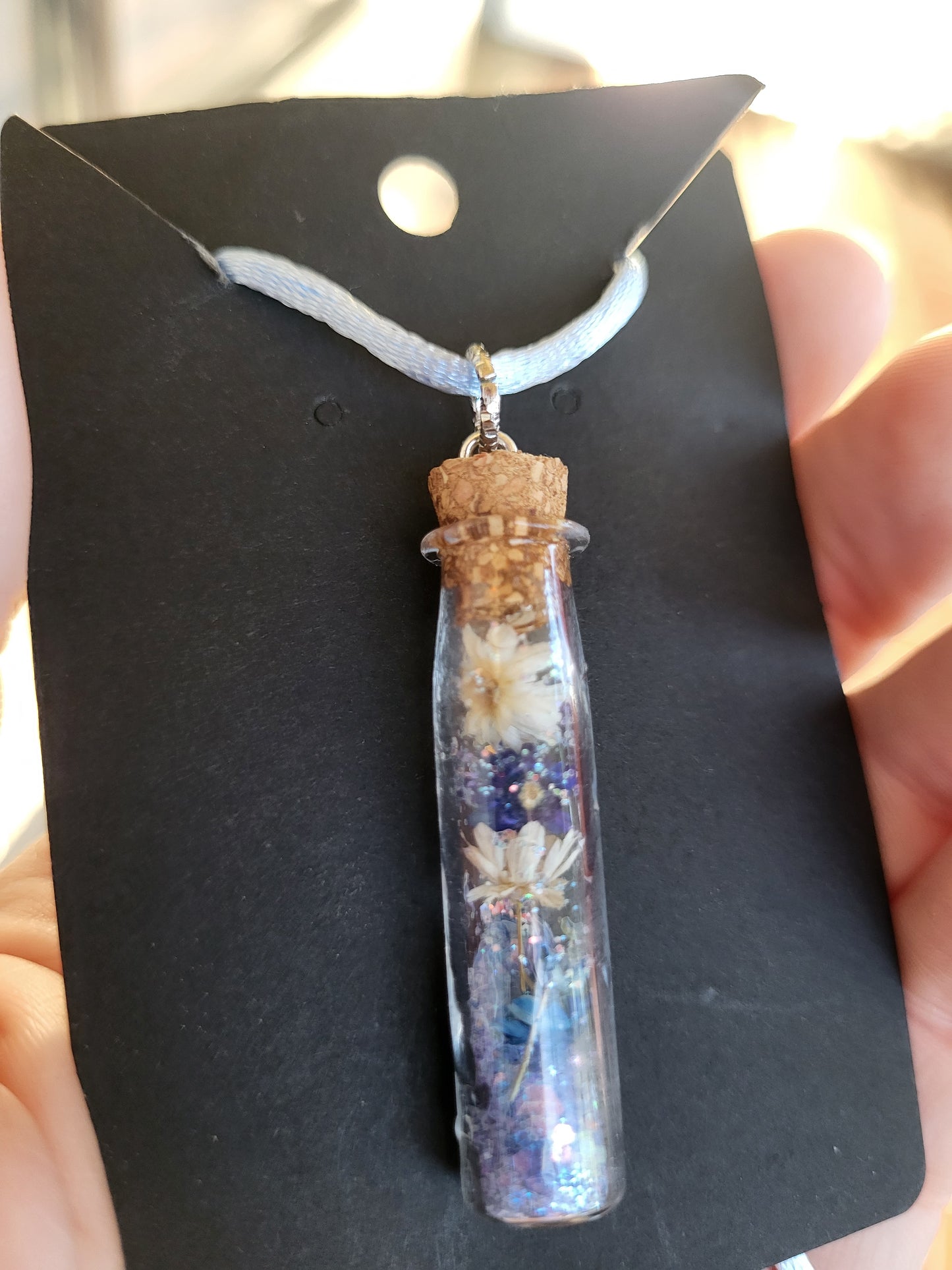 Glass Bottle Corked Pendant With Real Flowers