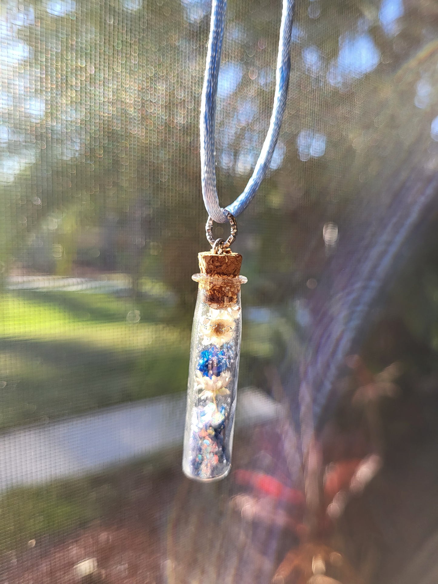 Glass Bottle Corked Pendant With Real Flowers