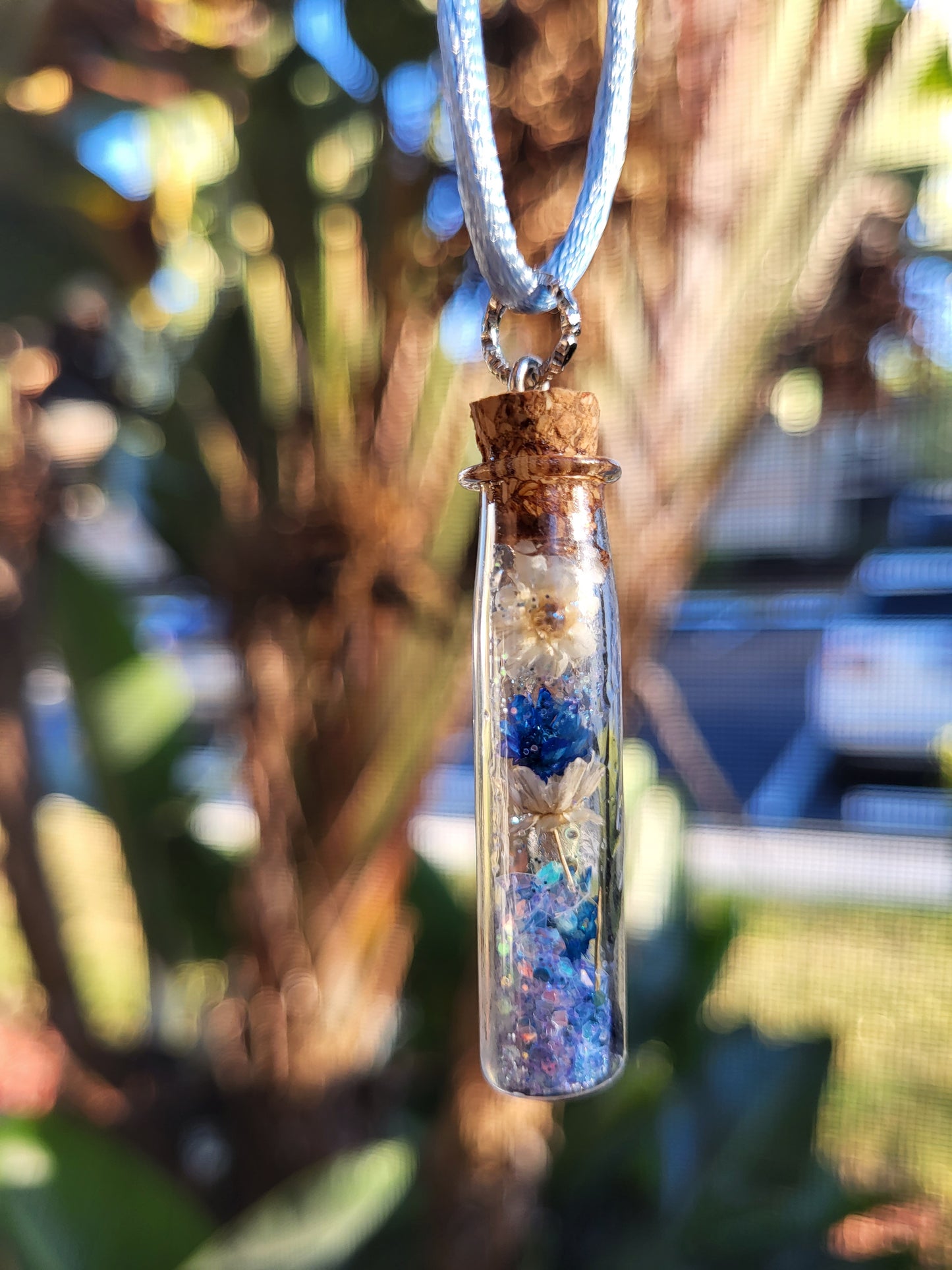 Glass Bottle Corked Pendant With Real Flowers