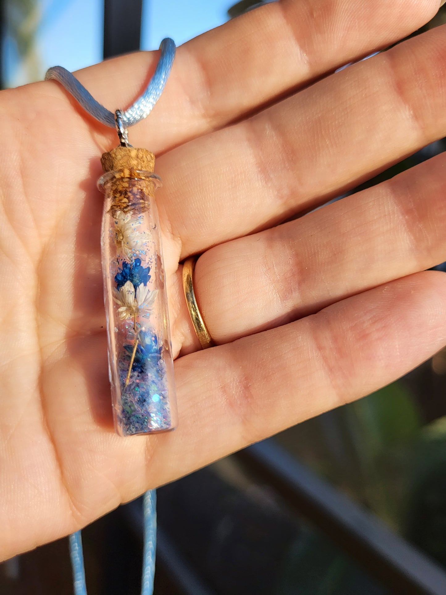 Glass Bottle Corked Pendant With Real Flowers