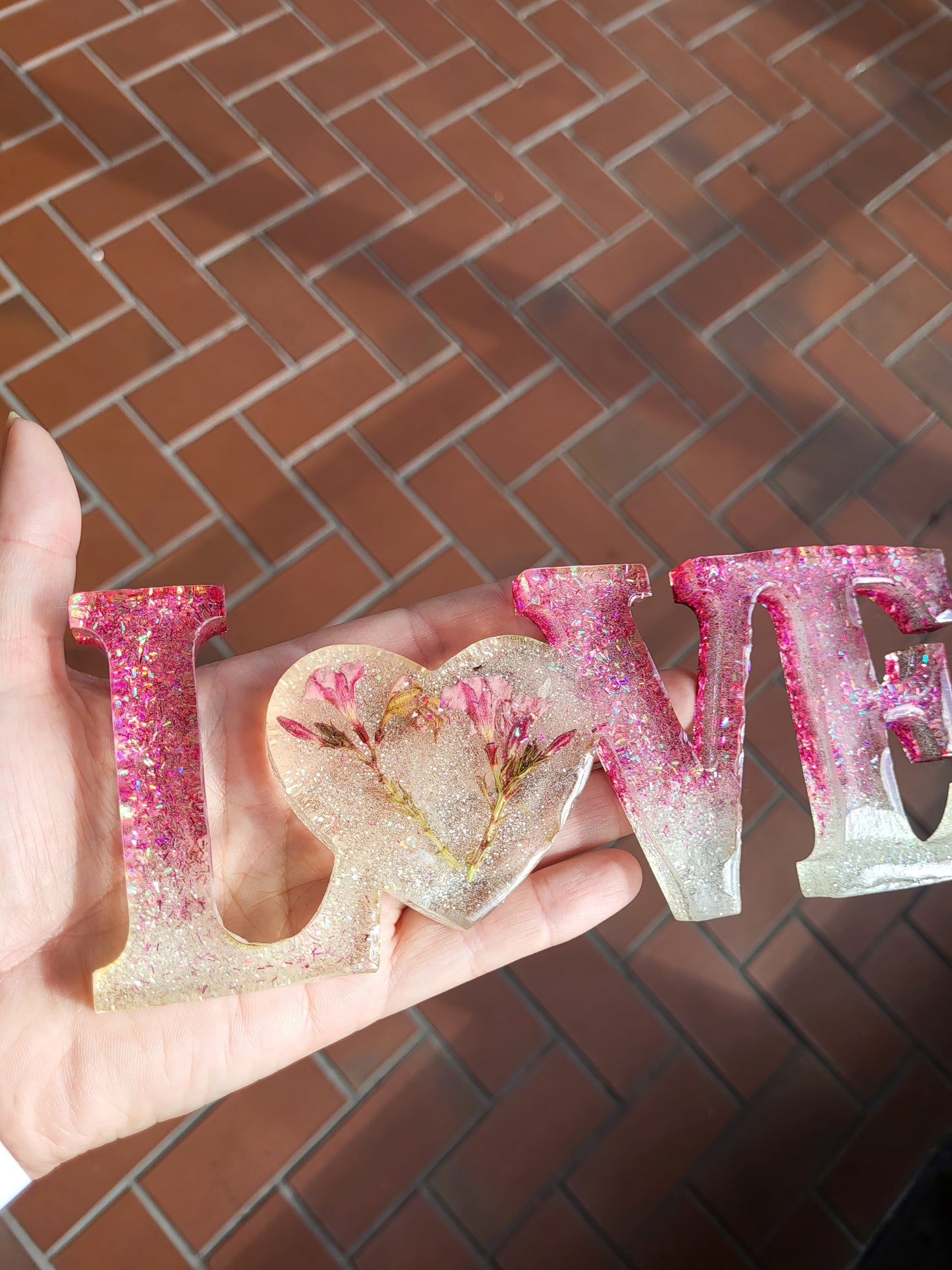 Pink and White "LOVE" Shelf Sitter With Real Flowers