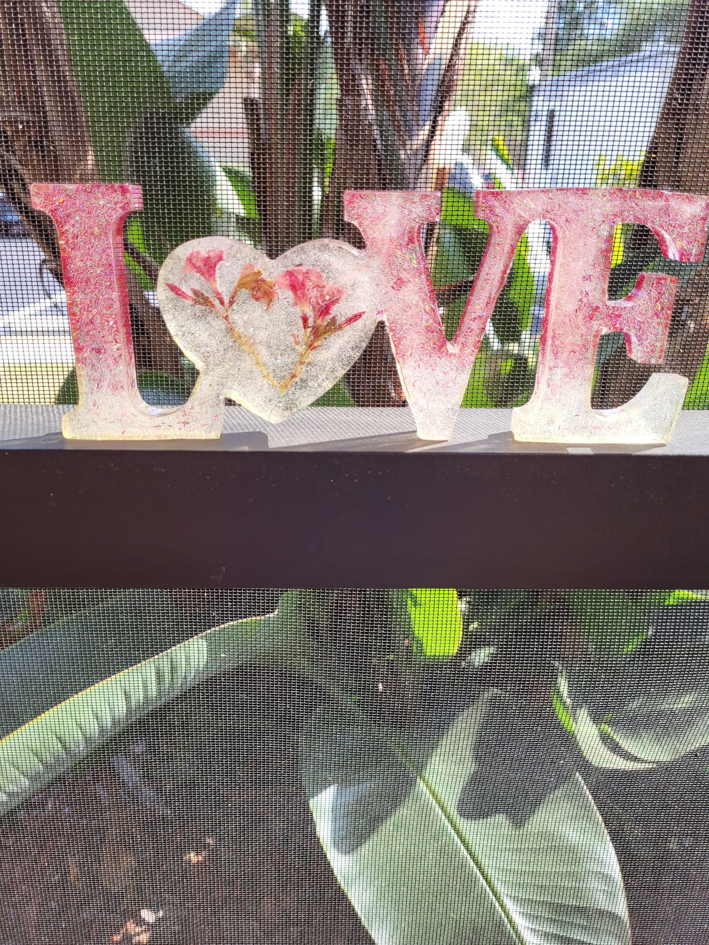 Pink and White "LOVE" Shelf Sitter With Real Flowers