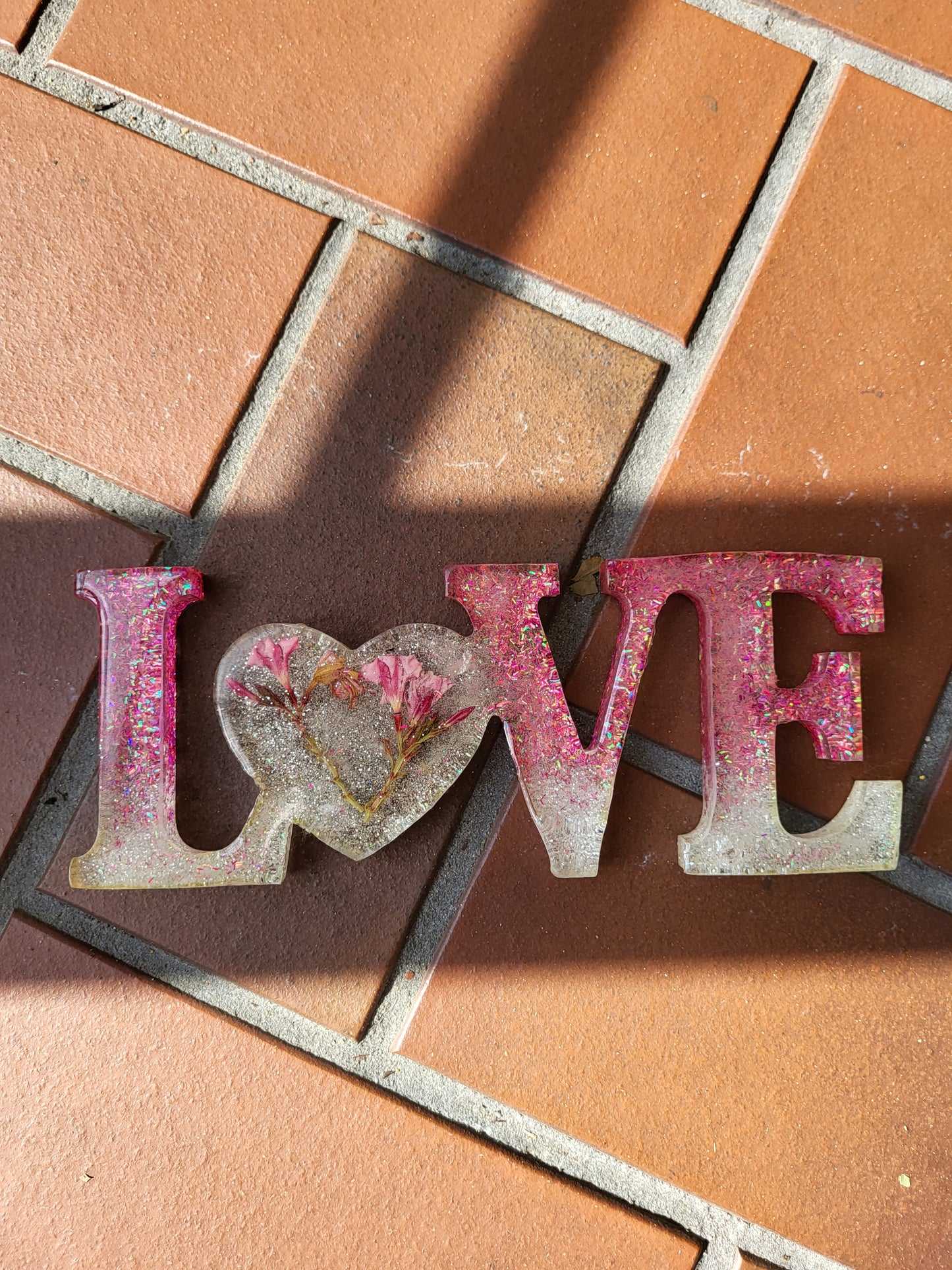 Pink and White "LOVE" Shelf Sitter With Real Flowers