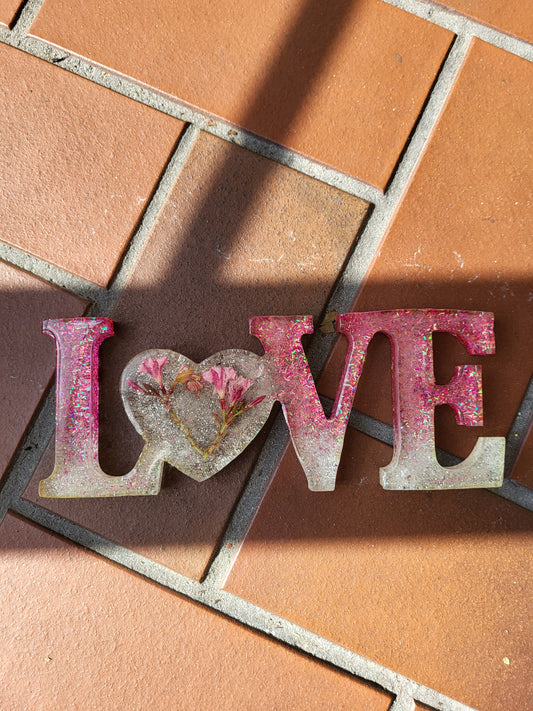 Pink and White "LOVE" Shelf Sitter With Real Flowers