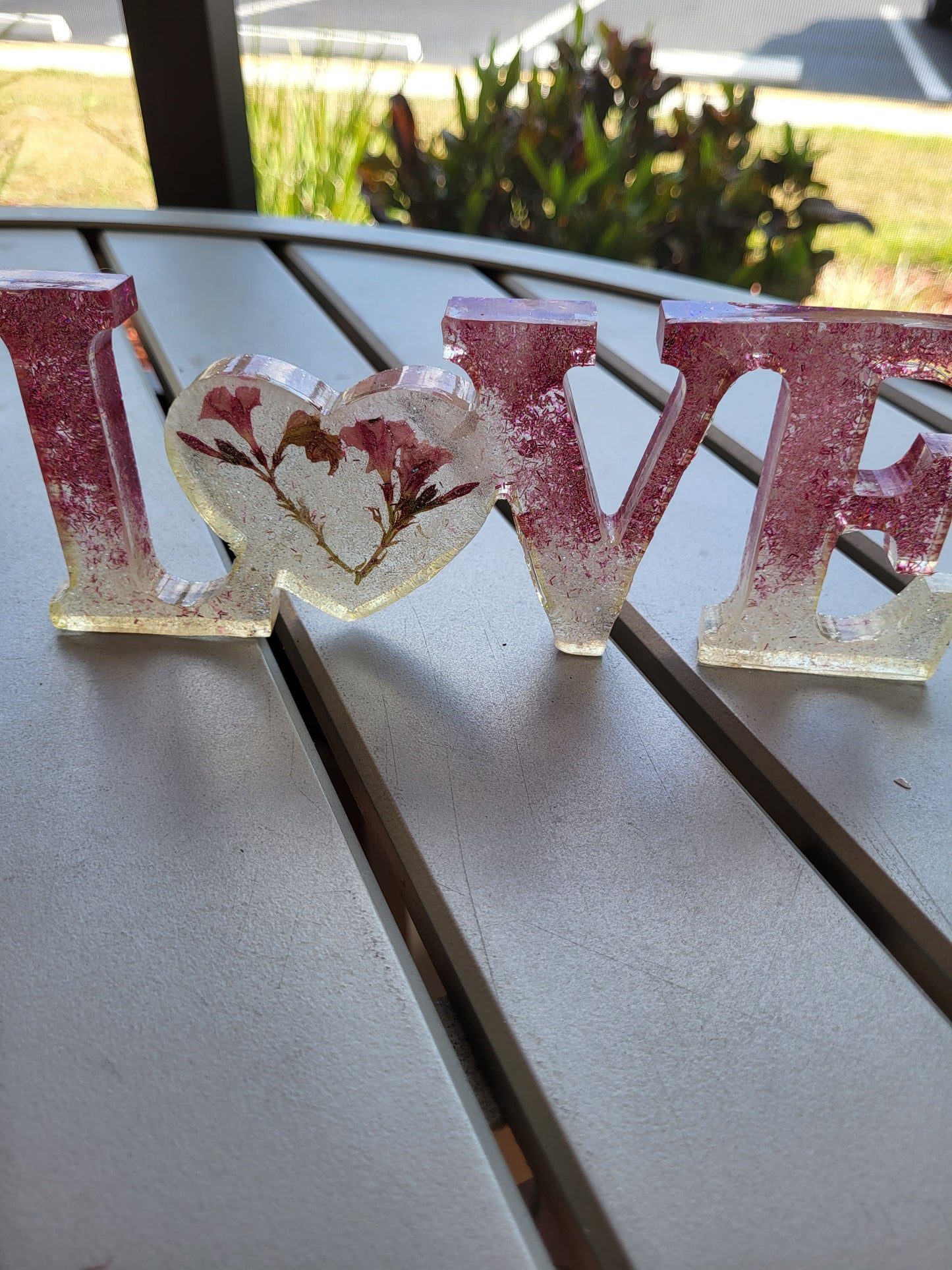 Pink and White "LOVE" Shelf Sitter With Real Flowers