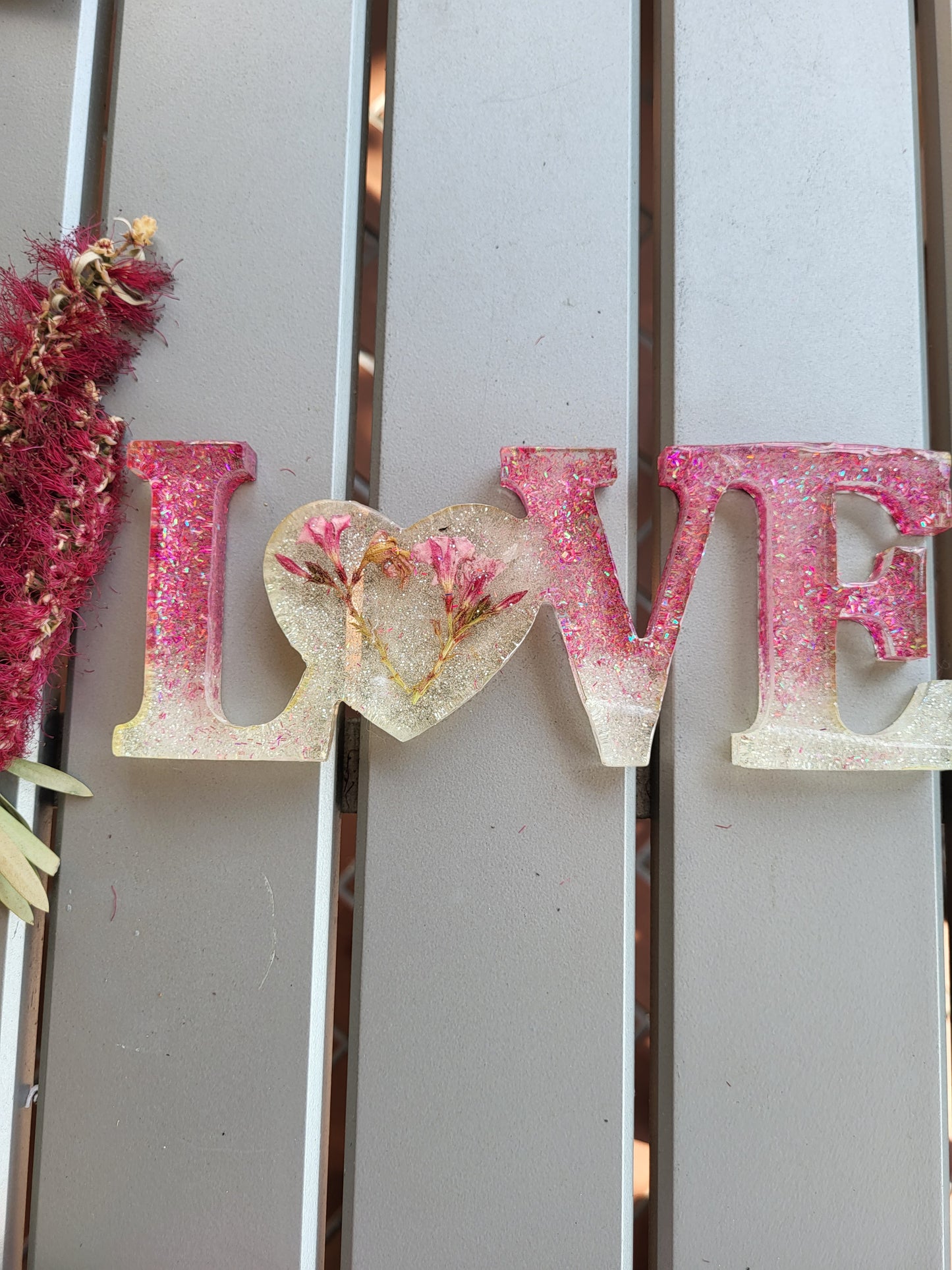 Pink and White "LOVE" Shelf Sitter With Real Flowers