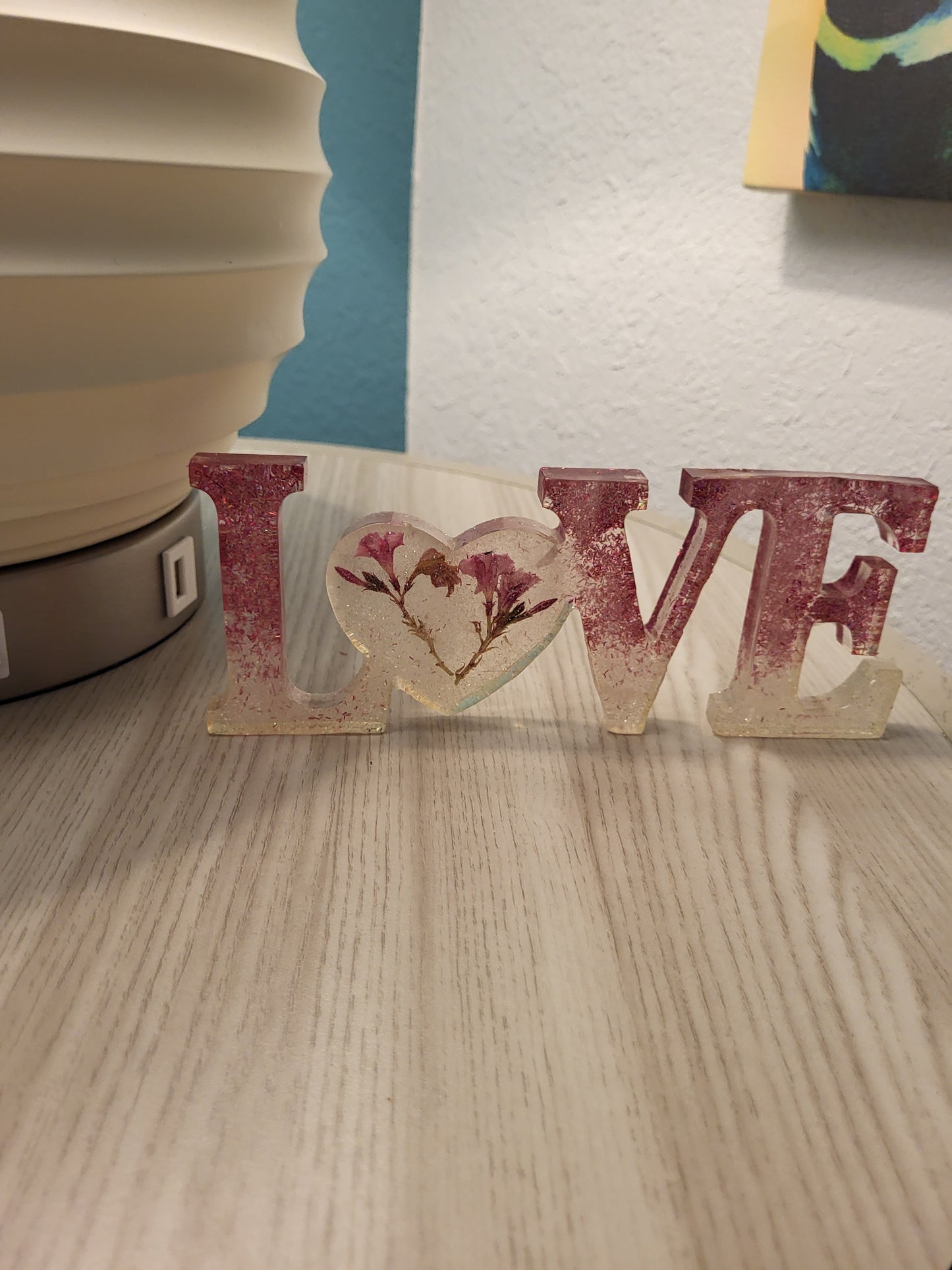 Pink and White "LOVE" Shelf Sitter With Real Flowers