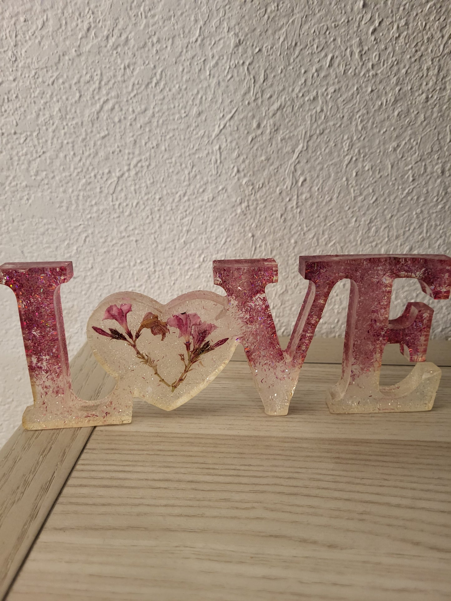 Pink and White "LOVE" Shelf Sitter With Real Flowers