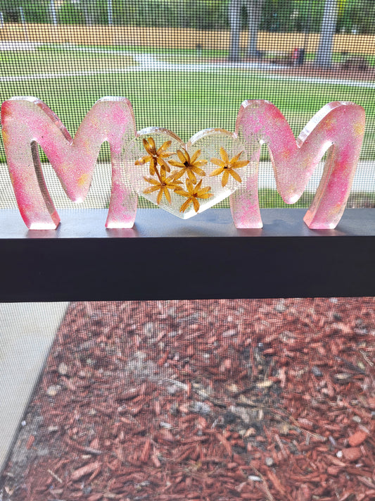 Pink "MOM" Shelf Sitter With Real Flowers