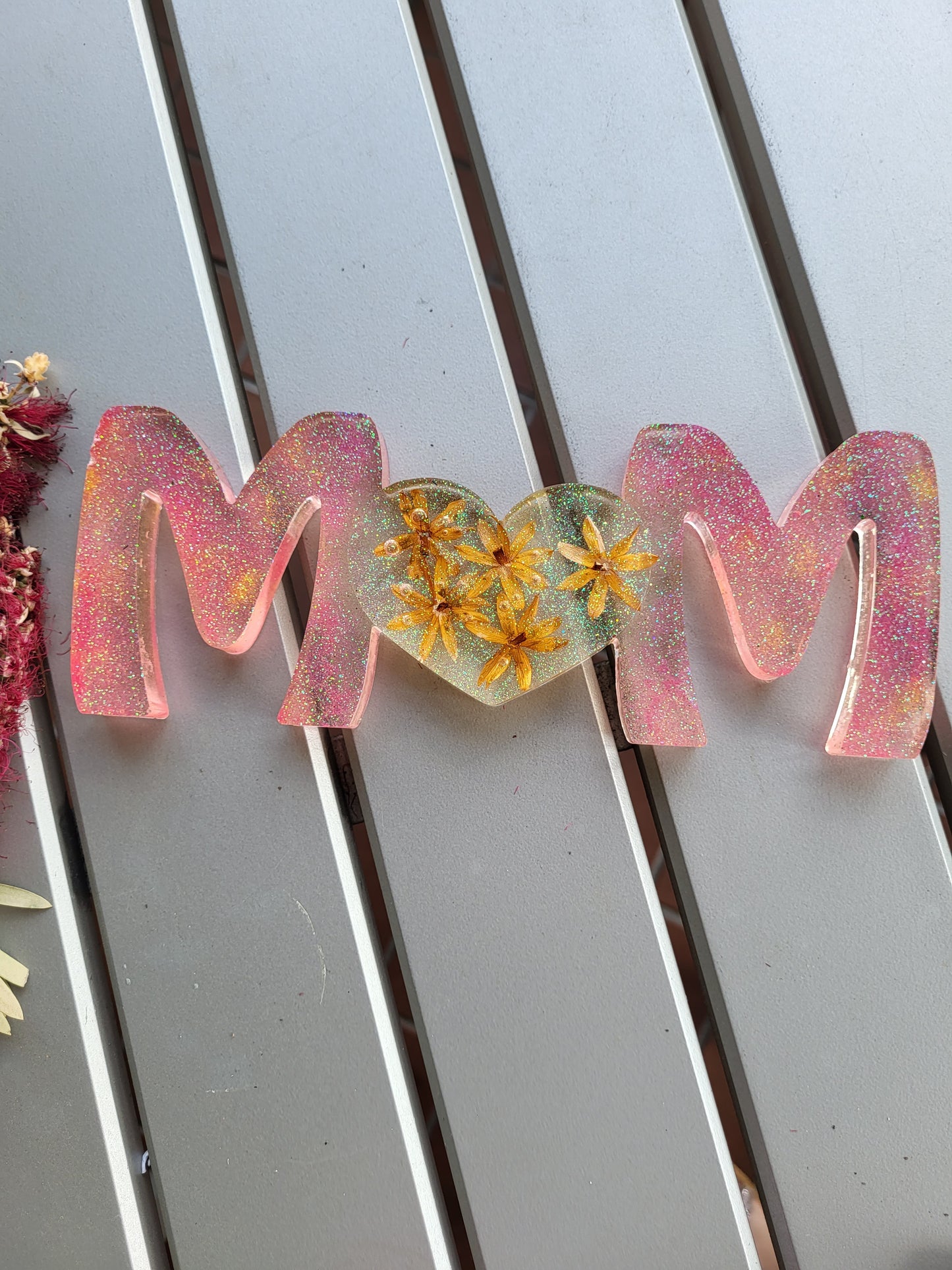 Pink "MOM" Shelf Sitter With Real Flowers