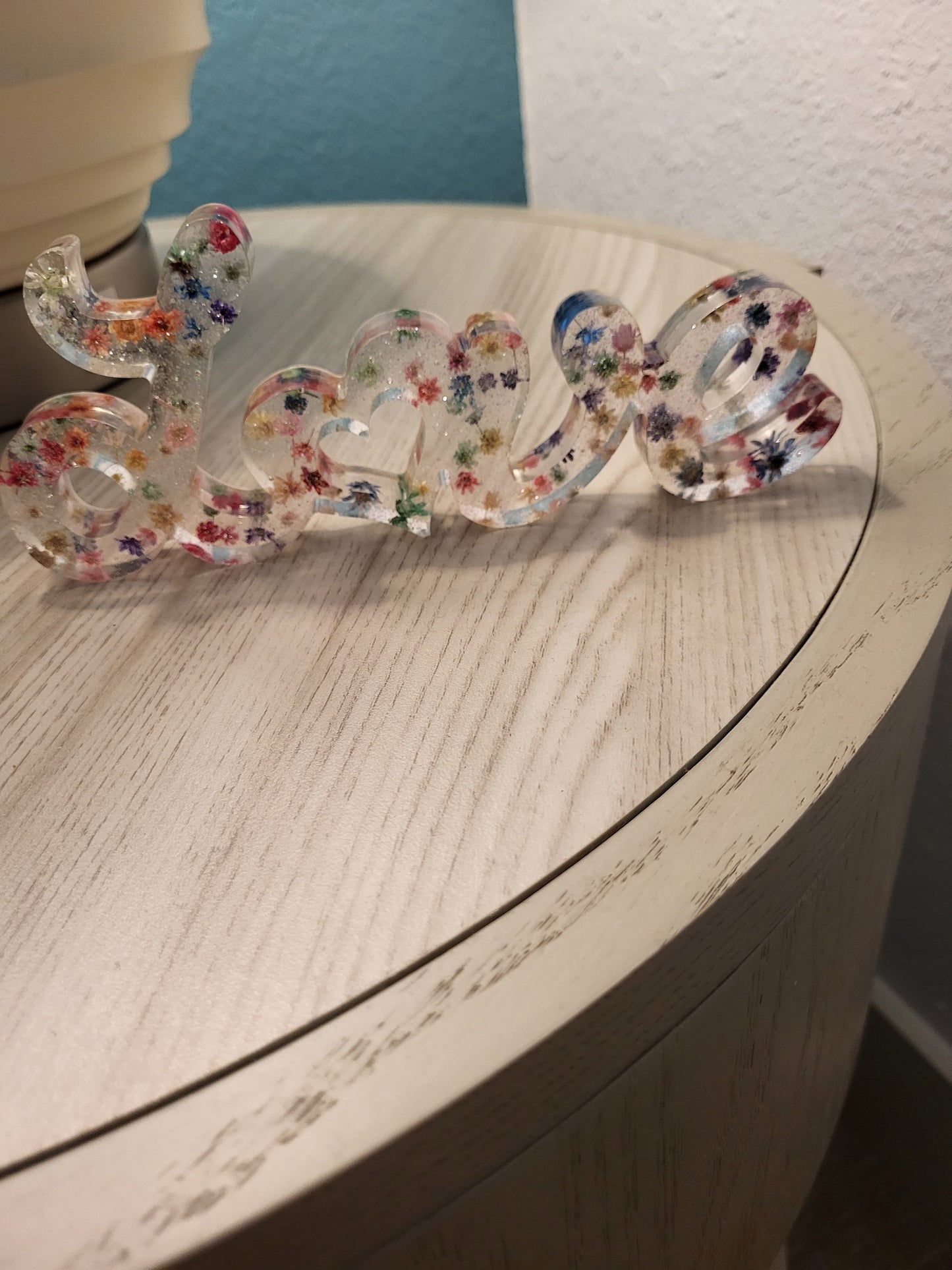 Multicolor "LOVE" Shelf Sitter With Real Flowers